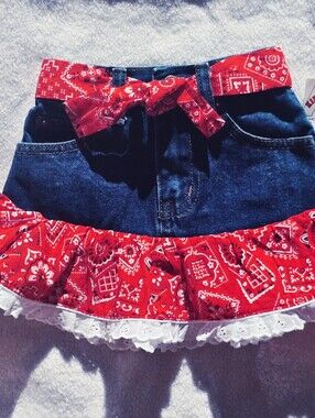 Sz3 Kiddie Korral Westwrn Denim Skirt with Red Bandana Trim (skirt only)
